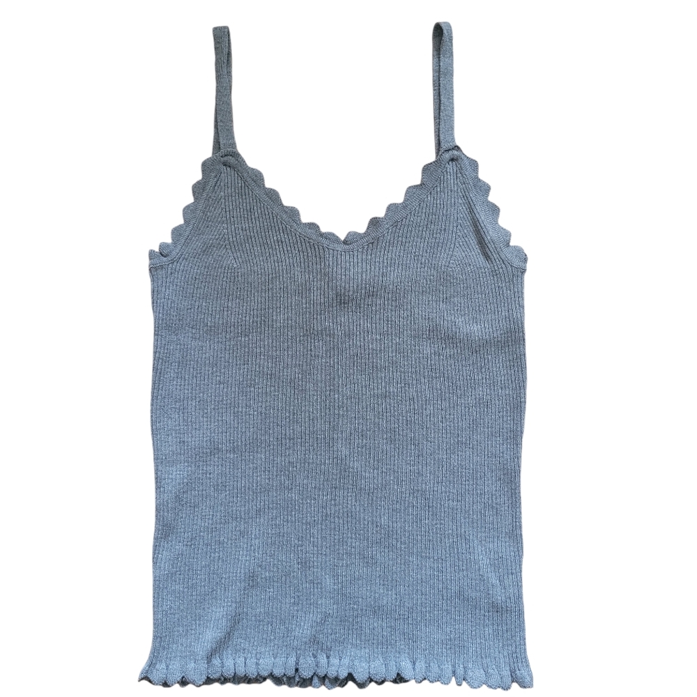 Emory Park Grey Thin Strap Scalloped Egded Ribbed Texture Tank Top, Size S